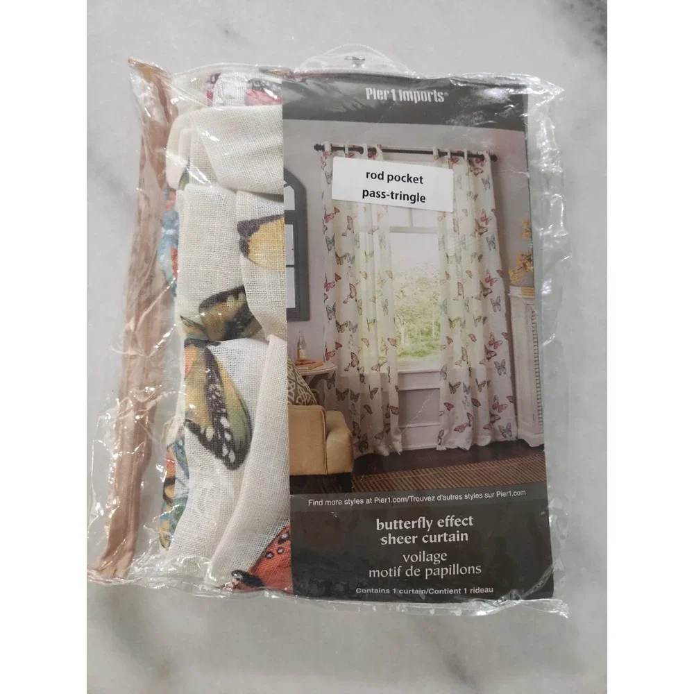 1/Butterfly Sheer Curtain Rod Pocket Pier 1 Off White 49x82in Open Box READ